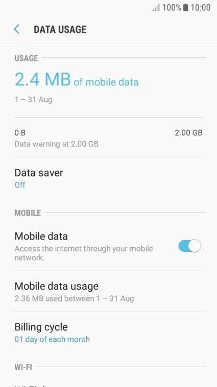 The total data usage is displayed. The total data usage is displayed.