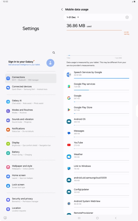 The data usage for each application is displayed below the name of the application. The data usage for each application is displayed below the name of the application.