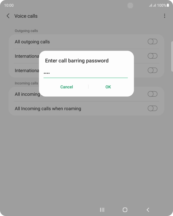 Key in your barring password and press OK. The default barring password is 0000.