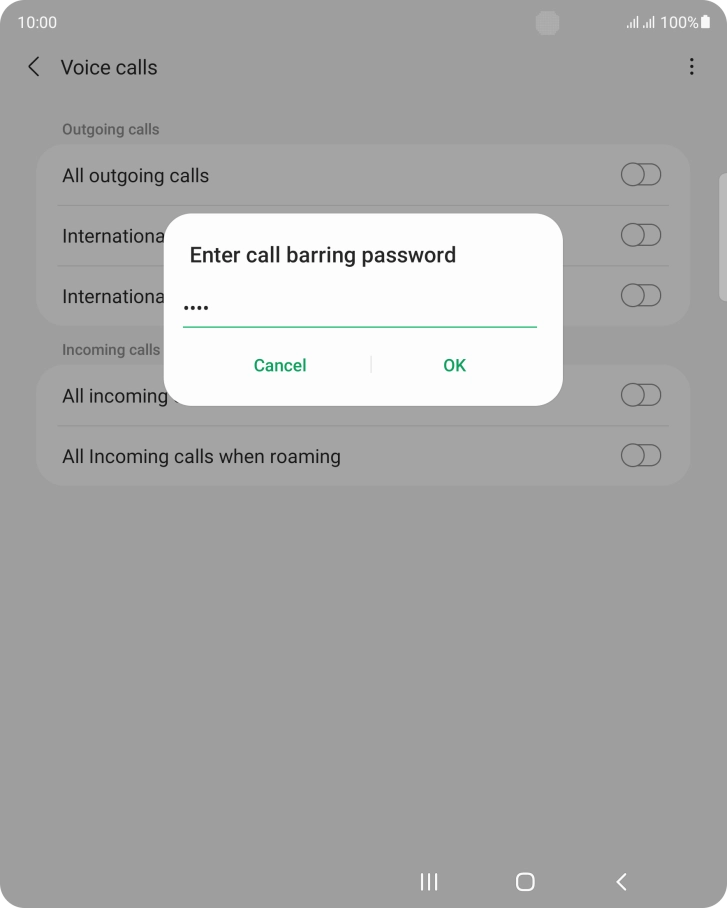 Key in your barring password and press OK. The default barring password is 0000.