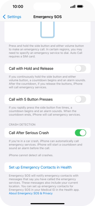 Press Set up Emergency Contacts in Health and follow the instructions on the screen to key in your emergency info and emergency contacts. Press Set up Emergency Contacts in Health and follow the instructions on the screen to key in your emergency info and emergency contacts.