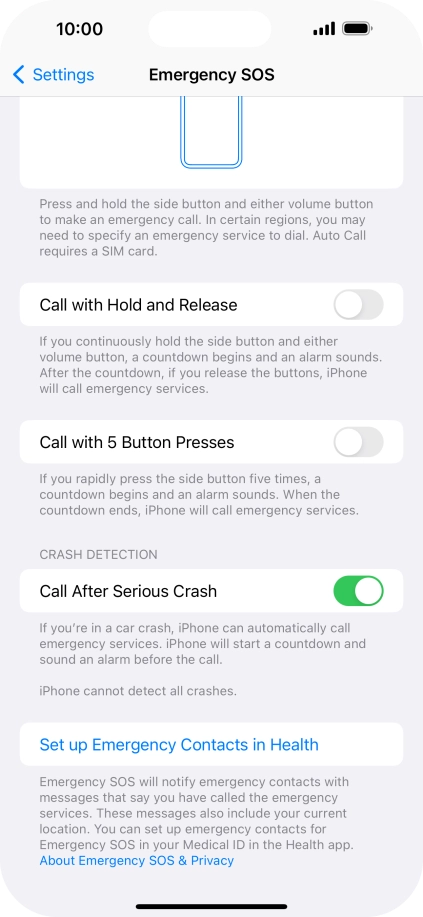Press Set up Emergency Contacts in Health and follow the instructions on the screen to key in your emergency info and emergency contacts. Press Set up Emergency Contacts in Health and follow the instructions on the screen to key in your emergency info and emergency contacts.