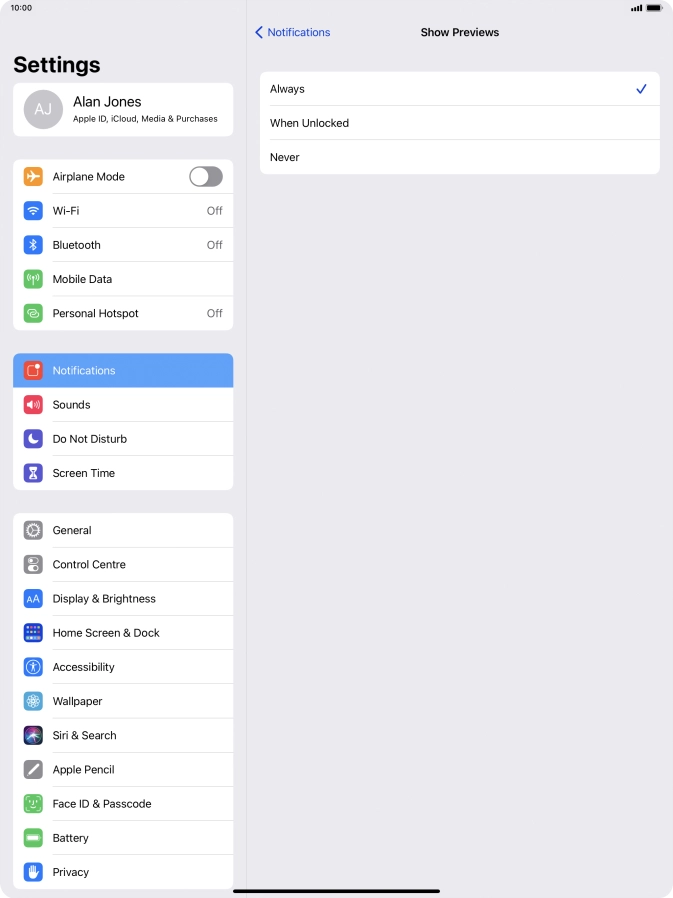 To select notification preview on the lock screen, press Always.