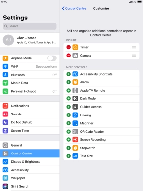 Press the delete icon next to the required function to remove it from Control Centre. Press the delete icon next to the required function to remove it from Control Centre.