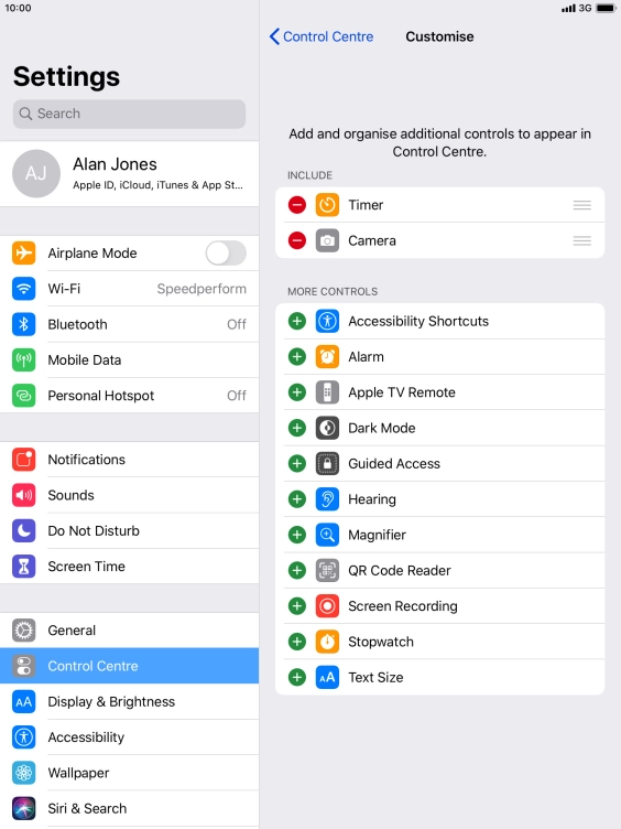 Press the delete icon next to the required function to remove it from Control Centre. Press the delete icon next to the required function to remove it from Control Centre.