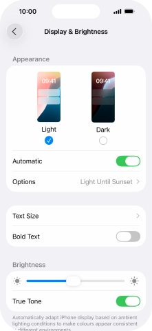 If you turn on the function, press Options and follow the instructions on the screen to select the required period of time for Dark Mode. If you turn on the function, press Options and follow the instructions on the screen to select the required period of time for Dark Mode.