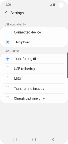 Press Transferring files to turn on the function. Press Transferring files to turn on the function.