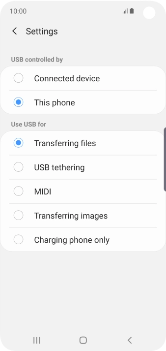 Press Transferring files to turn on the function. Press Transferring files to turn on the function.