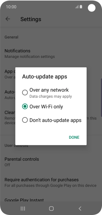 To turn on automatic update of apps using mobile network, press Over any network Data charges may apply.