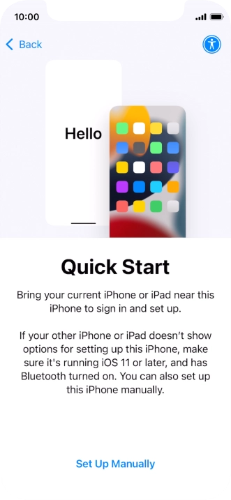 Follow the instructions on the screen to transfer content from another device running iOS 11 or later or press Set Up Manually. Follow the instructions on the screen to transfer content from another device running iOS 11 or later or press Set Up Manually.