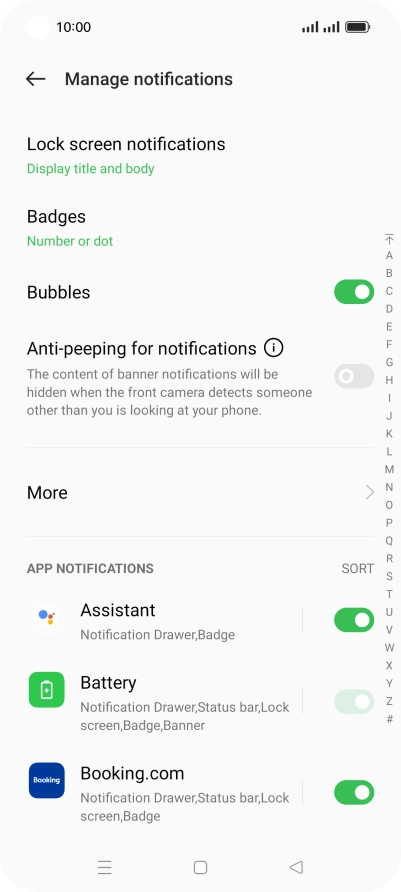 Press the indicators next to the required apps to turn the function on or off.
