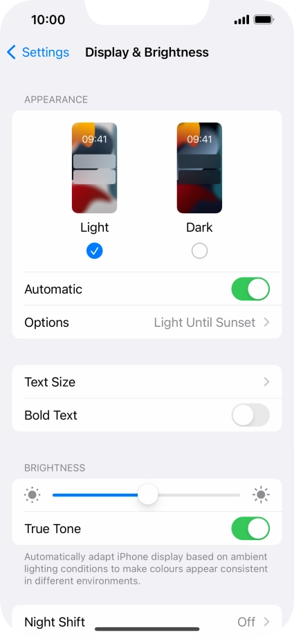 If you turn on the function, press Options and follow the instructions on the screen to select the required period of time for Dark Mode.