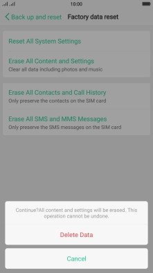 Press Delete Data. Wait a moment while the factory default settings are restored. Follow the instructions on the screen to set up your phone and prepare it for use.
