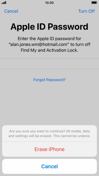 Key in the password for your Apple ID and press Erase iPhone. Wait a moment while the factory default settings are restored. Follow the instructions on the screen to set up your phone and prepare it for use.