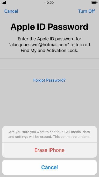 Key in the password for your Apple ID and press Erase iPhone. Wait a moment while the factory default settings are restored. Follow the instructions on the screen to set up your phone and prepare it for use.