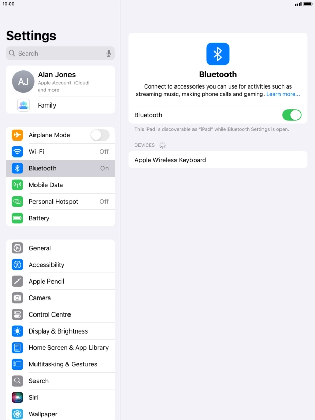 Press the required Bluetooth device and follow the instructions on the screen to pair the device with your tablet.