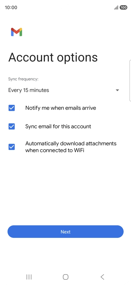 If this screen is displayed, you email account has been recognised and set up automatically. Follow the instructions on the screen to key in more information and finish setting up your phone.