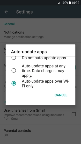 Press Auto-update apps over Wi-Fi only to turn on the function.