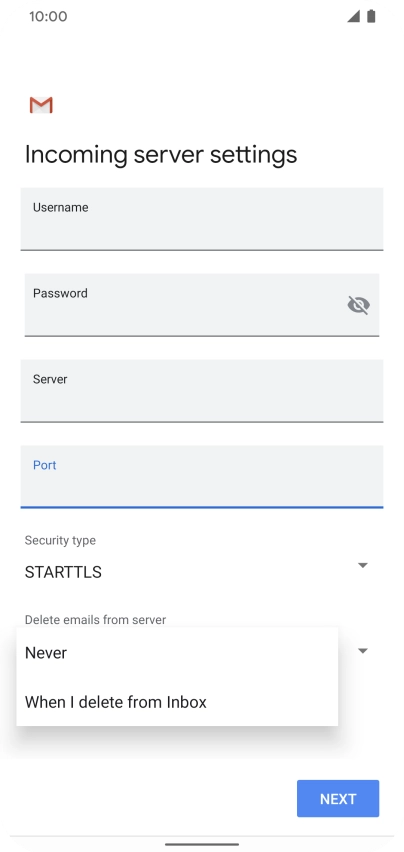 Press Never to keep email messages on the server when you delete them on your phone.