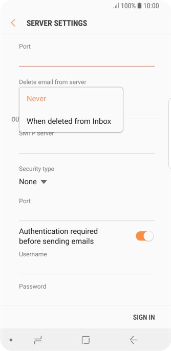 Press Never to keep email messages on the server when you delete them on your phone.