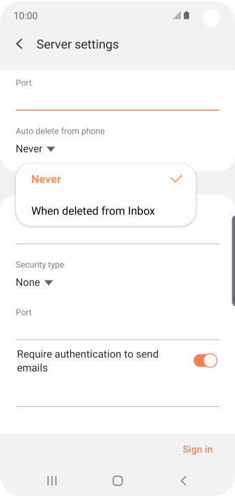 Press Never to keep email messages on the server when you delete them on your phone.