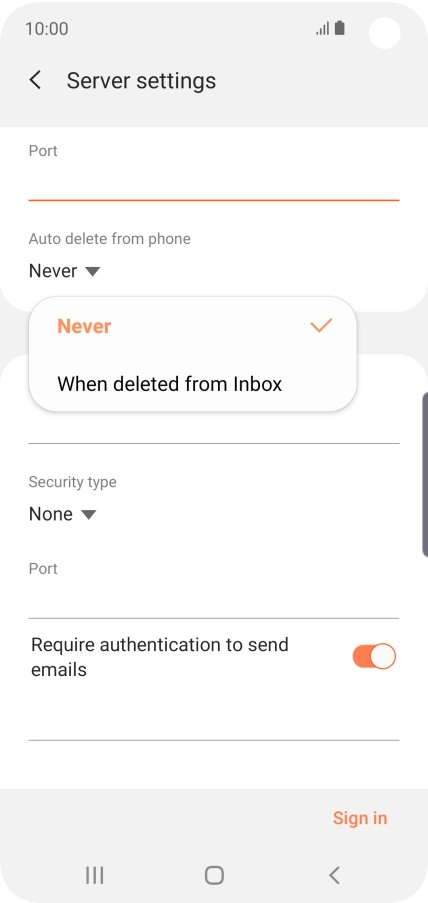 Press Never to keep email messages on the server when you delete them on your phone.