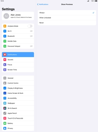 To select notification preview on the lock screen, press Always.