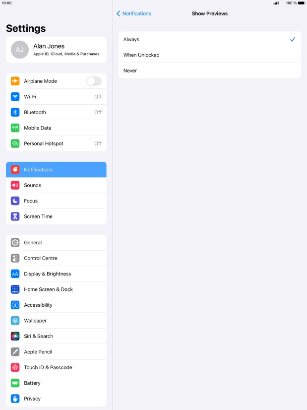 To select notification preview on the lock screen, press Always.