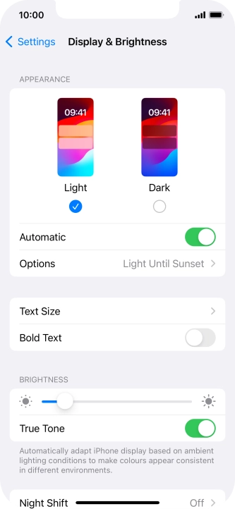 If you turn on the function, press Options and follow the instructions on the screen to select the required period of time for Dark Mode.