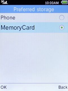 Select MemoryCard and press the Left selection key to save your pictures on the memory card.