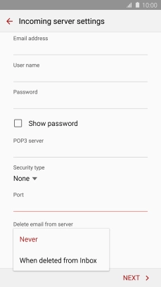 Press Never to keep email messages on the server when you delete them on your phone. Press Never to keep email messages on the server when you delete them on your phone.