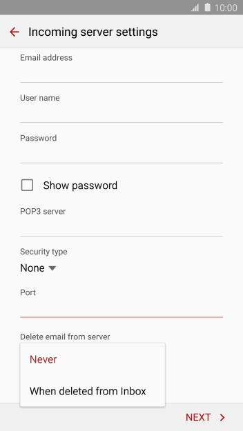 Press Never to keep email messages on the server when you delete them on your phone. Press Never to keep email messages on the server when you delete them on your phone.