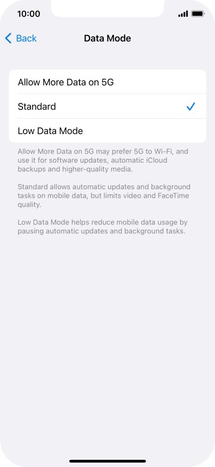 Press the required setting.
