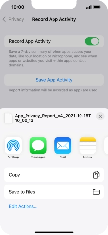 Press the required setting and follow the instructions on the screen to share or save the app activity report.