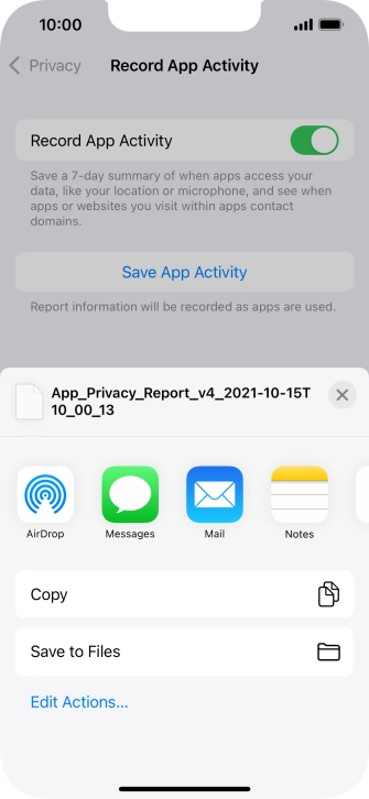 Press the required setting and follow the instructions on the screen to share or save the app activity report.