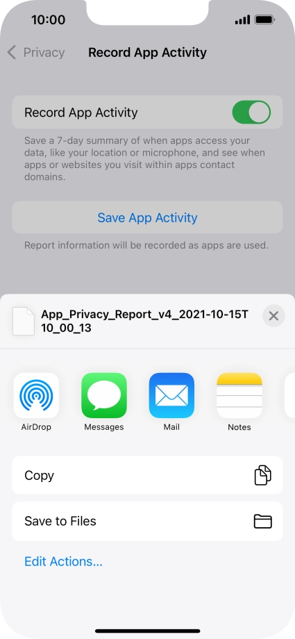 Press the required setting and follow the instructions on the screen to share or save the app activity report.