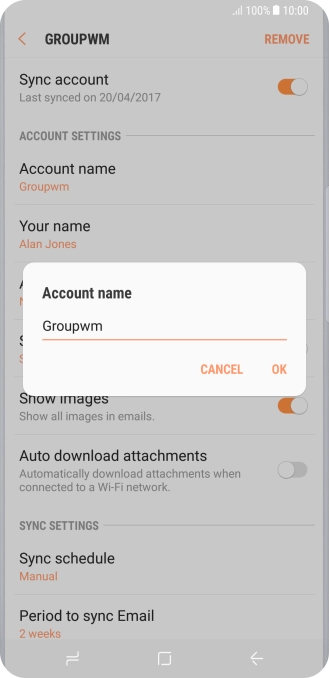 Key in the required name for the email account and press OK.