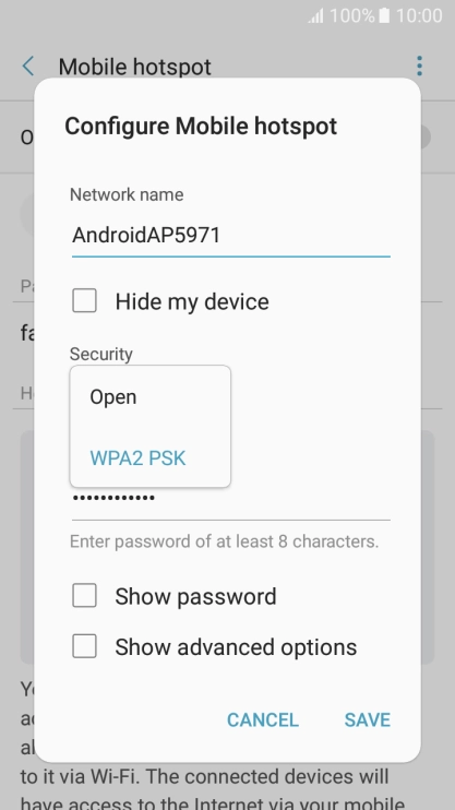 Press WPA2 PSK to password protect your Wi-Fi hotspot. Press WPA2 PSK to password protect your Wi-Fi hotspot.