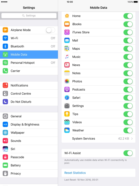 Press the indicator next to the required application to turn the function on or off.