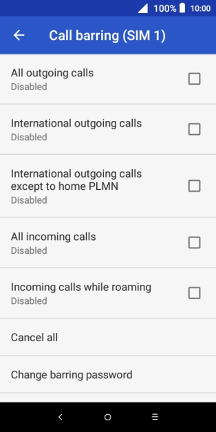 Press the field next to the required barring type to turn the function on or off.