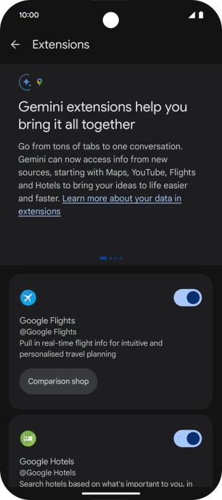 Press the indicator next to the required extension to turn on the function.