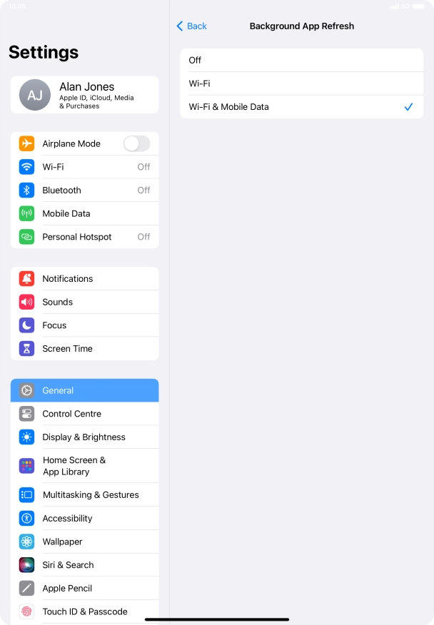 To turn off background refresh of apps, press Off.