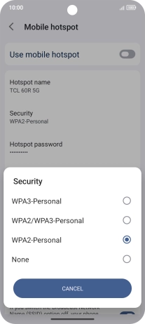 Press WPA3-Personal to password protect your Wi-Fi hotspot. Press WPA3-Personal to password protect your Wi-Fi hotspot.