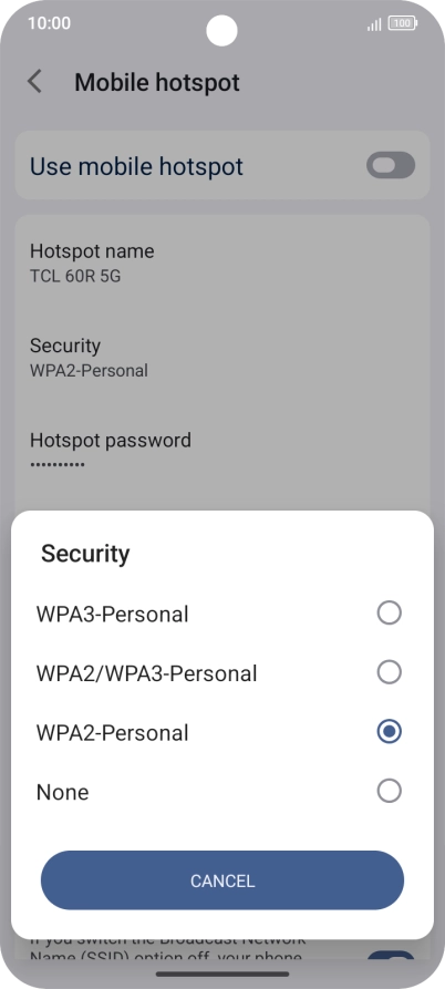 Press WPA3-Personal to password protect your Wi-Fi hotspot. Press WPA3-Personal to password protect your Wi-Fi hotspot.