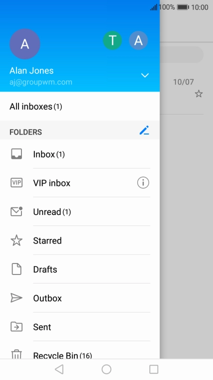 Press the required email account. Press the required email account.