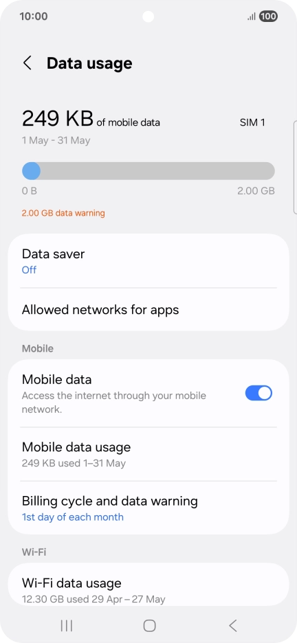The total data usage is displayed. The total data usage is displayed.