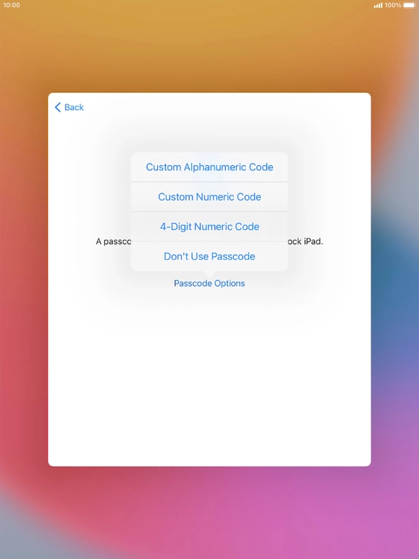 Follow the instructions on the screen to turn on use of lock code or press Don't Use Passcode.