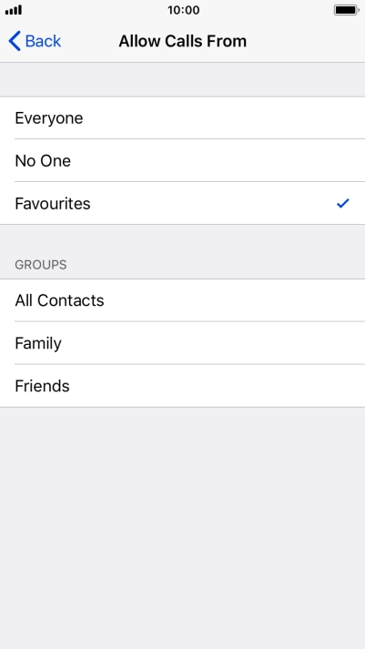 Press the required setting to select which contacts can call you even though Do Not Disturb is turned on. Press the required setting to select which contacts can call you even though Do Not Disturb is turned on.