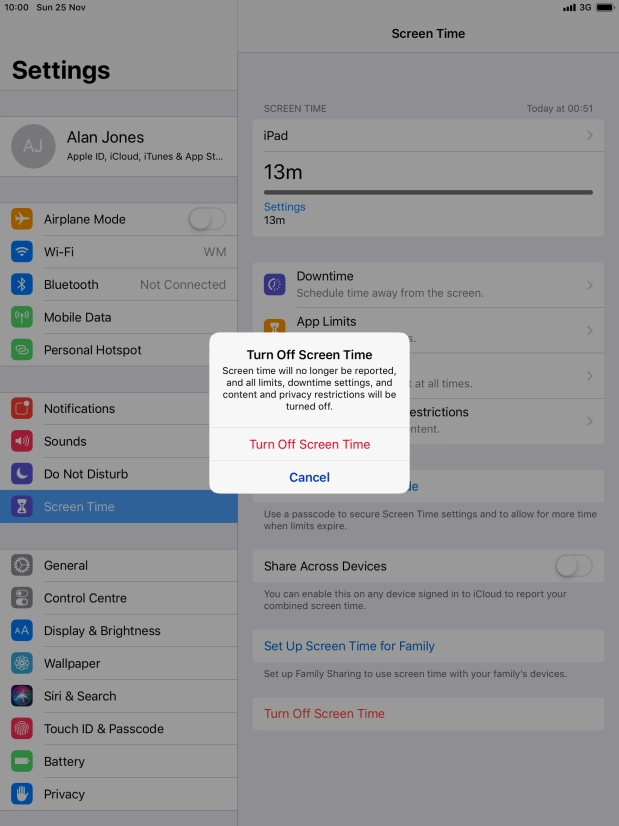 Press Turn Off Screen Time. Press Turn Off Screen Time.
