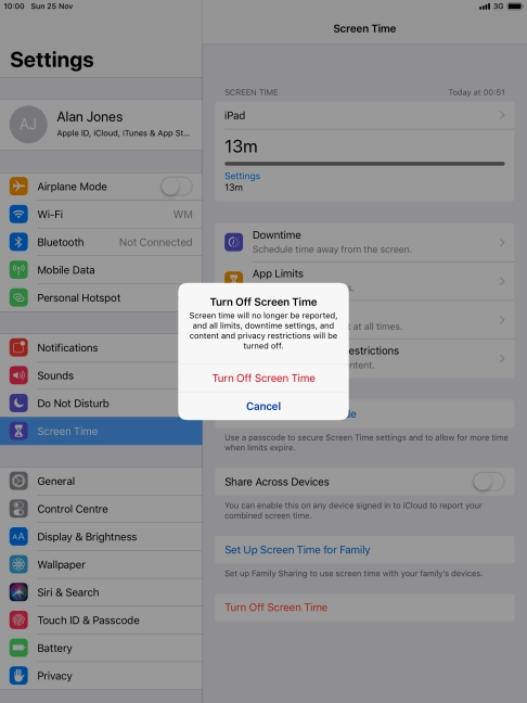 Press Turn Off Screen Time. Press Turn Off Screen Time.